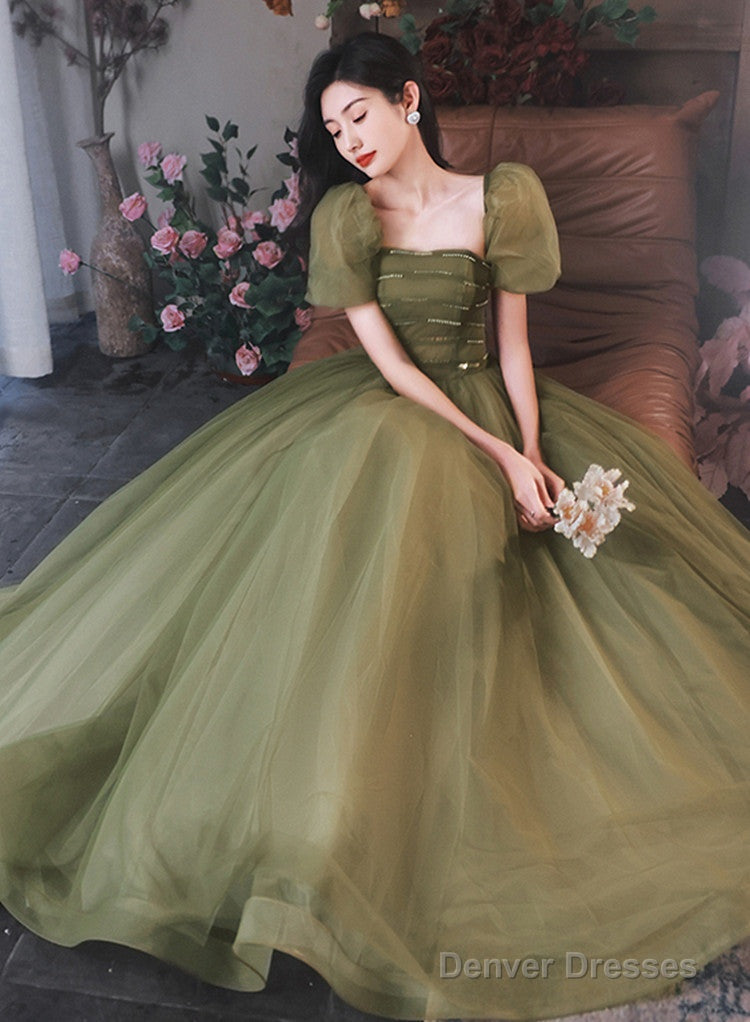 Green Puffy Short Sleeves Tulle Prom Party Dress, Green Evening Dresses Main image