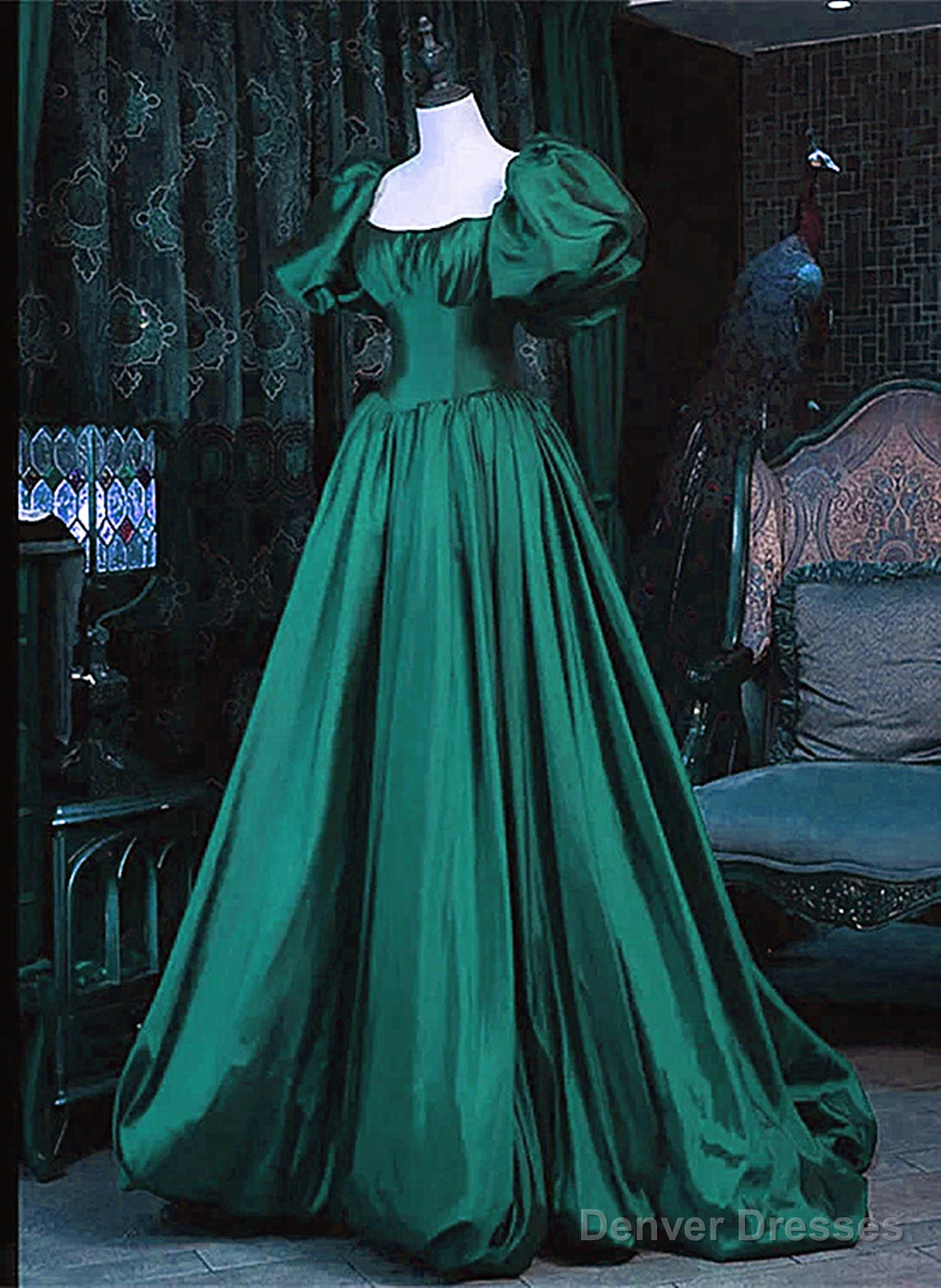 Green Puffy Sleeves Taffeta Long Formal Dress, Scoop Green Prom Dress Party Dress Main image