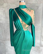 Green Robe De Soiree Sheath Long Sleeves Satin Beaded Slit Sexy Long Prom Dress Prom Gown Evening Dress