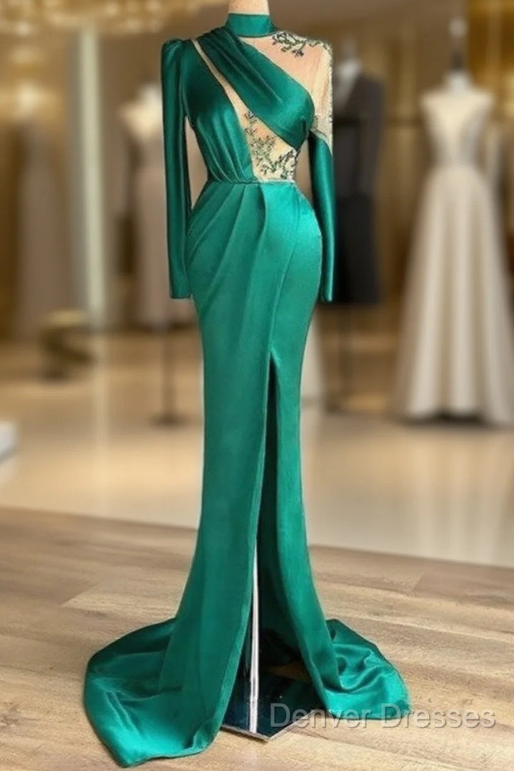 Green Robe De Soiree Sheath Long Sleeves Satin Beaded Slit Sexy Long Prom Dress Prom Gown Evening Dress Main image