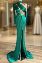 Green Robe De Soiree Sheath Long Sleeves Satin Beaded Slit Sexy Long Prom Dress Prom Gown Evening Dress