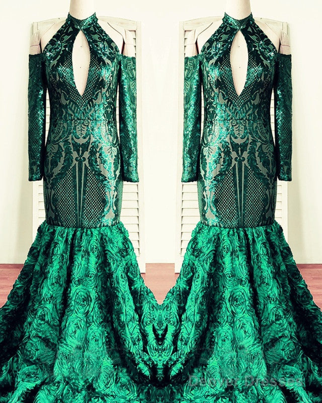 Green Rosette Sequin Mermaid Prom Dresses Cold Shoulder Main image