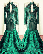 Green Rosette Sequin Mermaid Prom Dresses Cold Shoulder