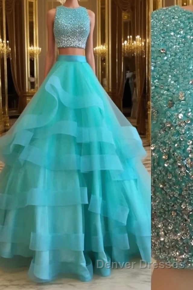 Green Round Neck 2 Pieces Beaded Sequins Tulle Long Prom Dress, Green 2 Pieces Formal Dress, Green Evening Dress Main image