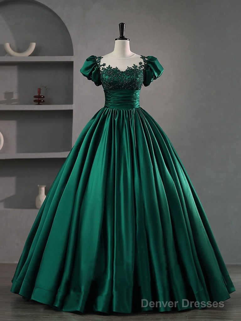Green Round Neck Satin Lace Long Prom Dress, Green Lace Formal Dress Main image