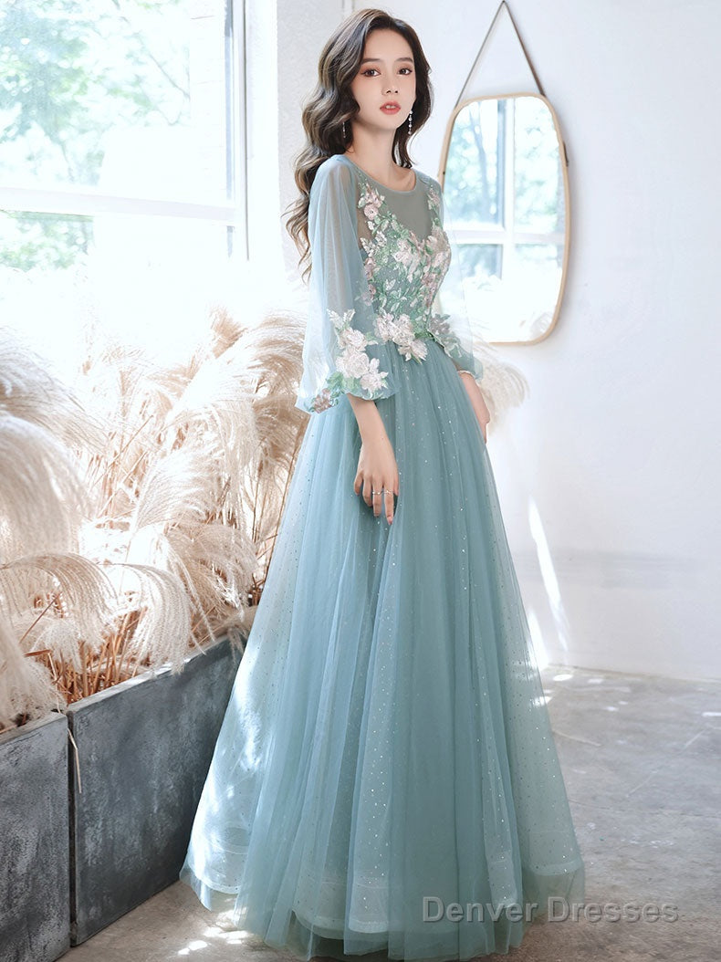 Green Round Neck Tulle Lace Long Prom Dress, Green Evening Dress Secondary image