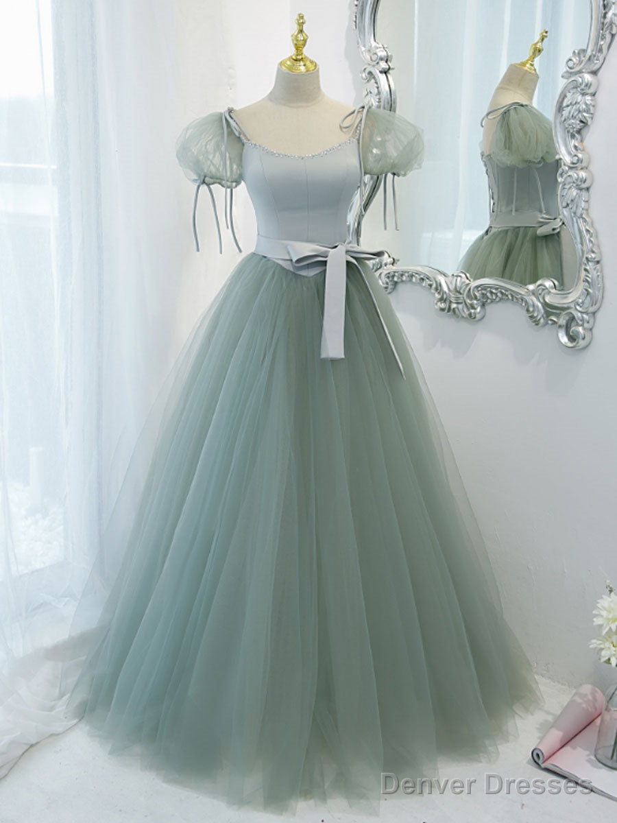 Green Round Neck Tulle Long Prom Dress, Green Evening Dress Main image