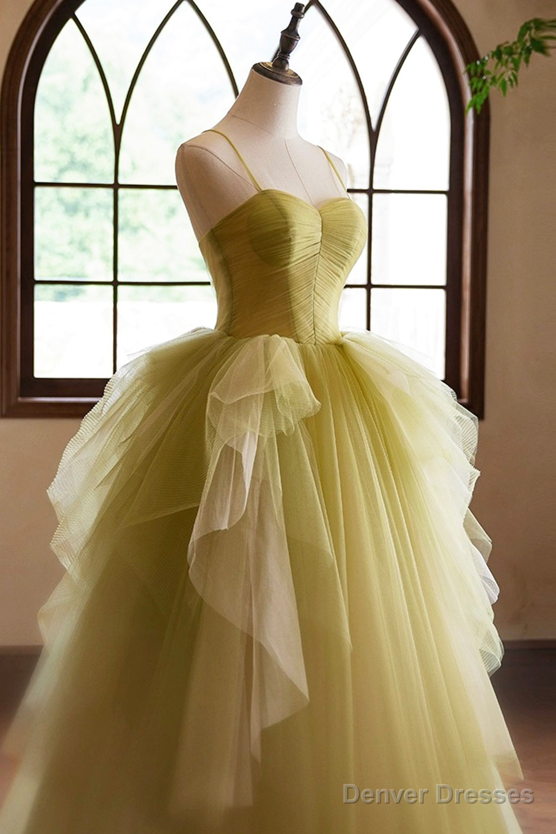 Green Ruffle Long A-Line Prom Dresses, Spaghetti Straps Backless Evening Dresses