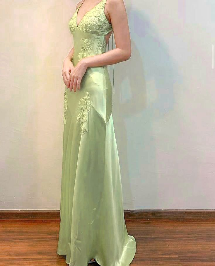 Green Satin A Line Long Prom Dress Formal Party Dress