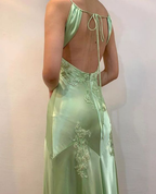 Green Satin A Line Long Prom Dress Formal Party Dress