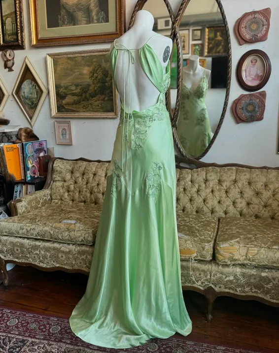 Green Satin A Line Long Prom Dress Formal Party Dress