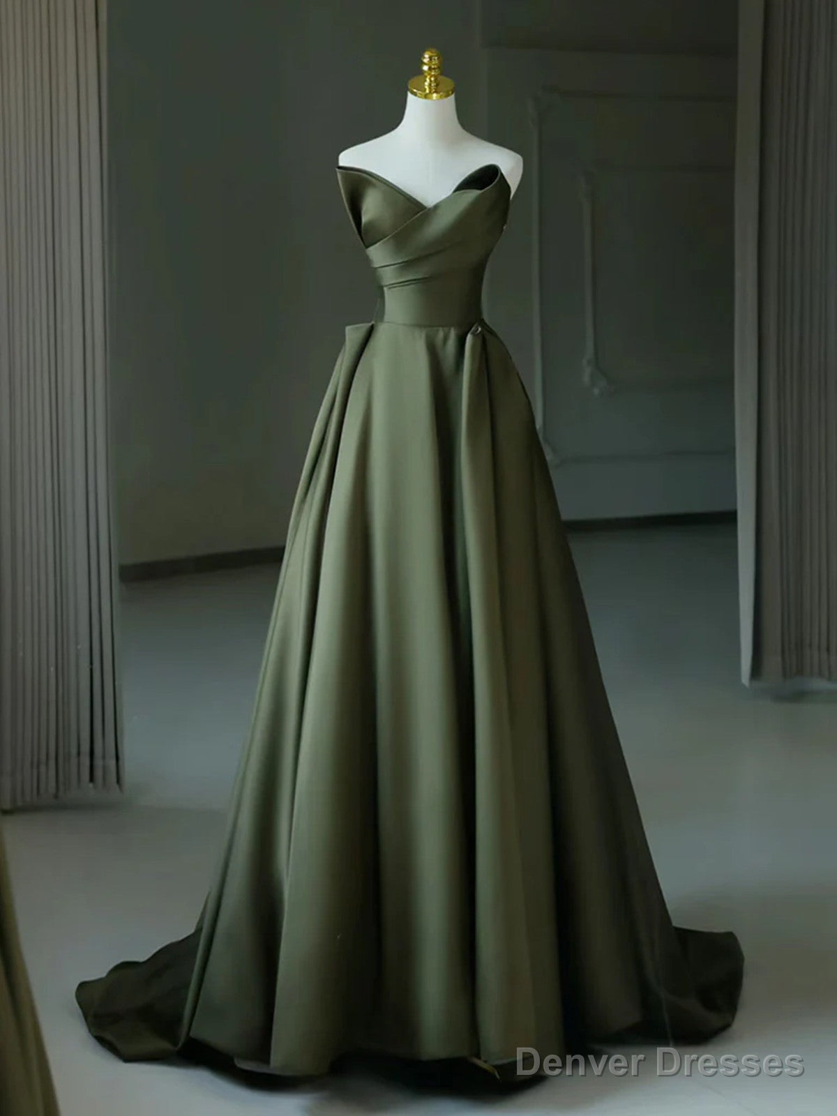 Green Satin A-line V-neckline Long Formal Dress, Green Satin Prom Dress Main image