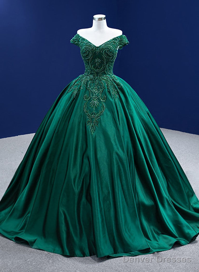 Green Satin Beaded Off Shoulder Long Formal Gown, Green Sweet 16 Dresses Secondary image