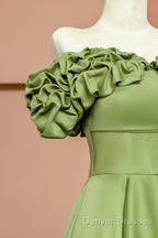 Green Satin Floor Length Prom Dress, Off The Shoulder Evening Party Dress