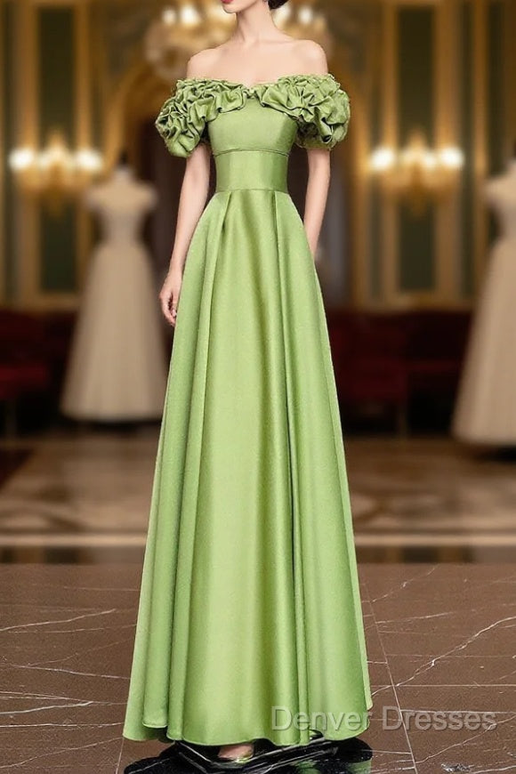 Green Satin Floor Length Prom Dress, Off The Shoulder Evening Party Dress Main image