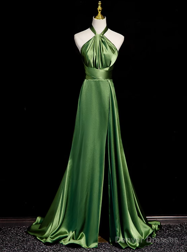 Green Satin Halter Backless Prom Dress Main image