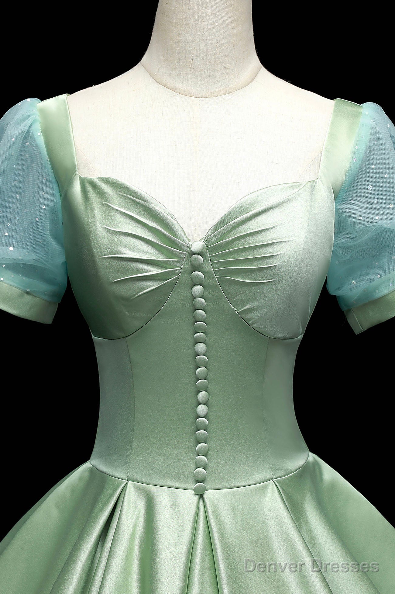 Green Satin Long A-Line Ball Gown, Short Sleeve Green Formal Evening Dress Secondary image