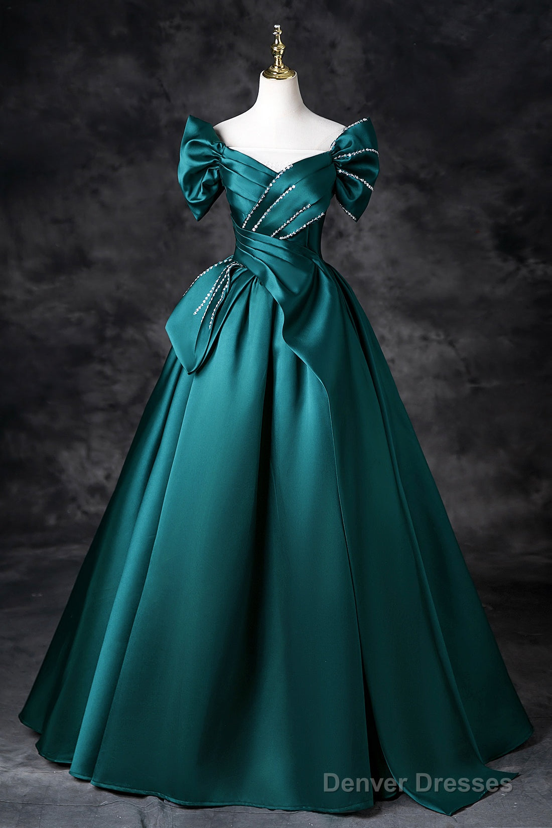 Green Satin Long A-Line Prom Dress, Green Off The Shoulder Evening Party Dress