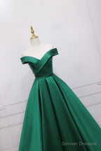 Green Satin Long A-Line Prom Dress, V-Neck Off the Shoulder Evening Dress