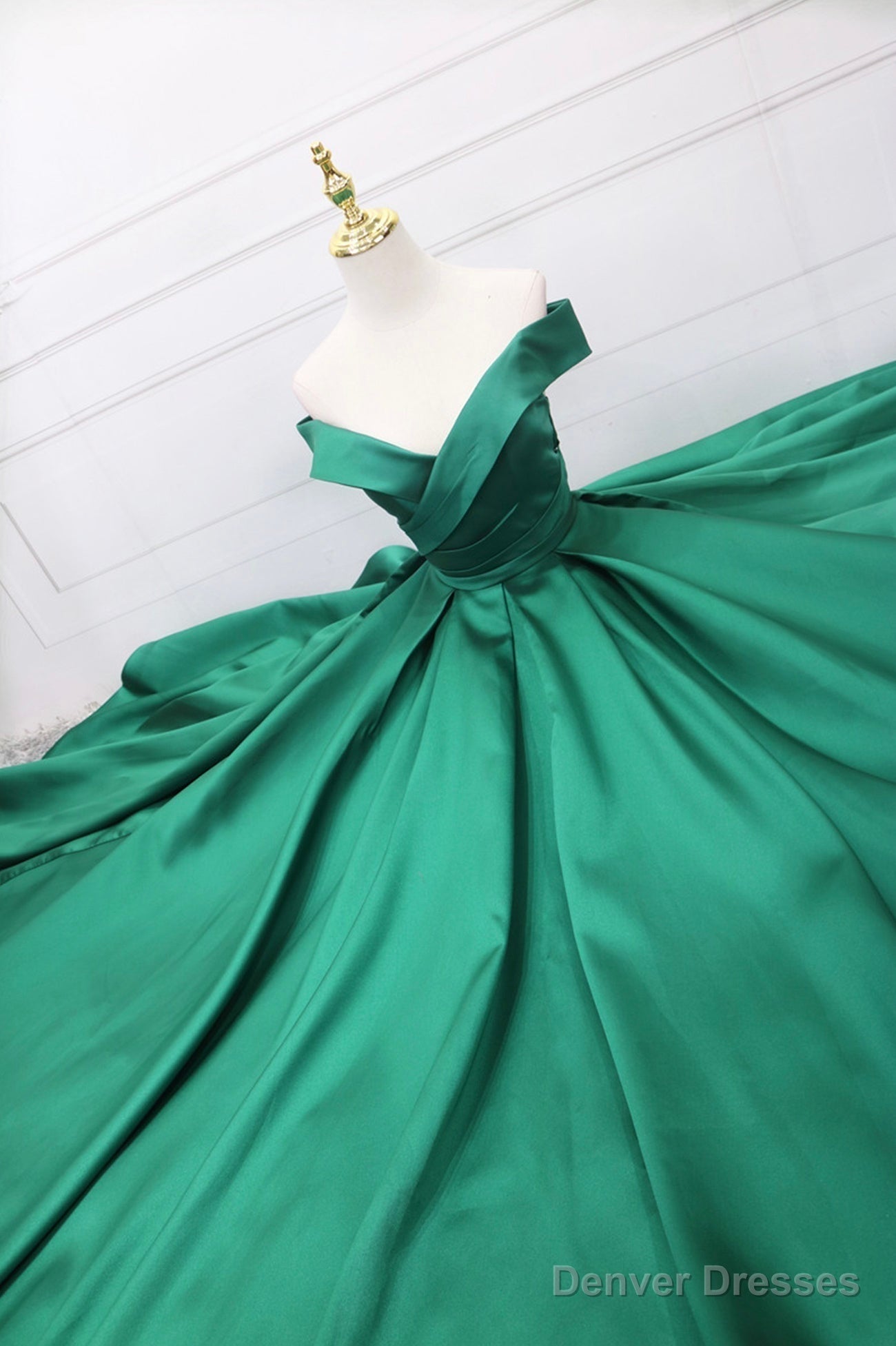 Green Satin Long A-Line Prom Dress, V-Neck Off the Shoulder Evening Dress Secondary image