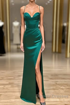 Green Satin Long Mermaid Slit Prom Dress