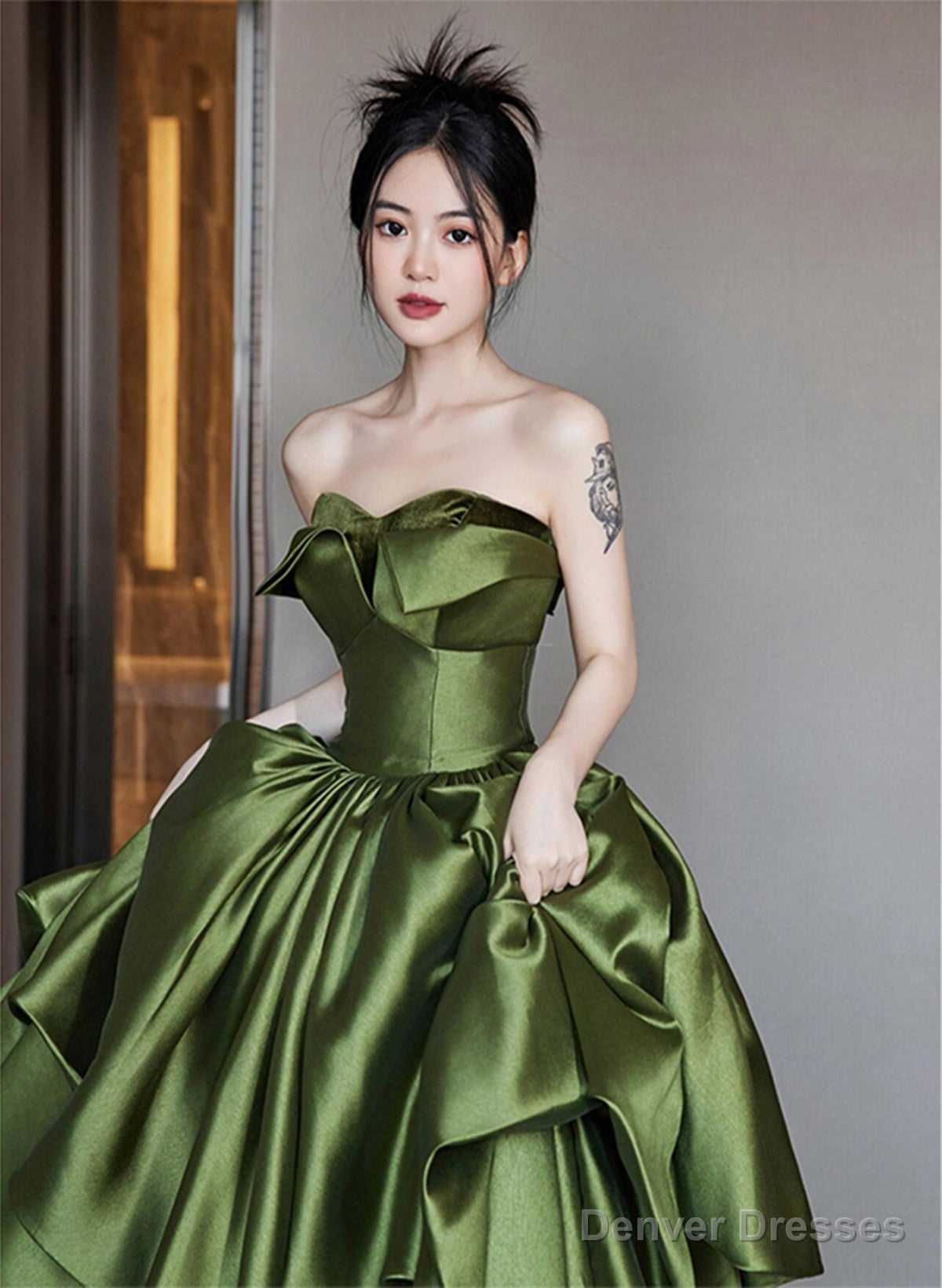 Green Satin Long Off Shoulder Princess Formal Dress, Green Satin Prom Dress Secondary image