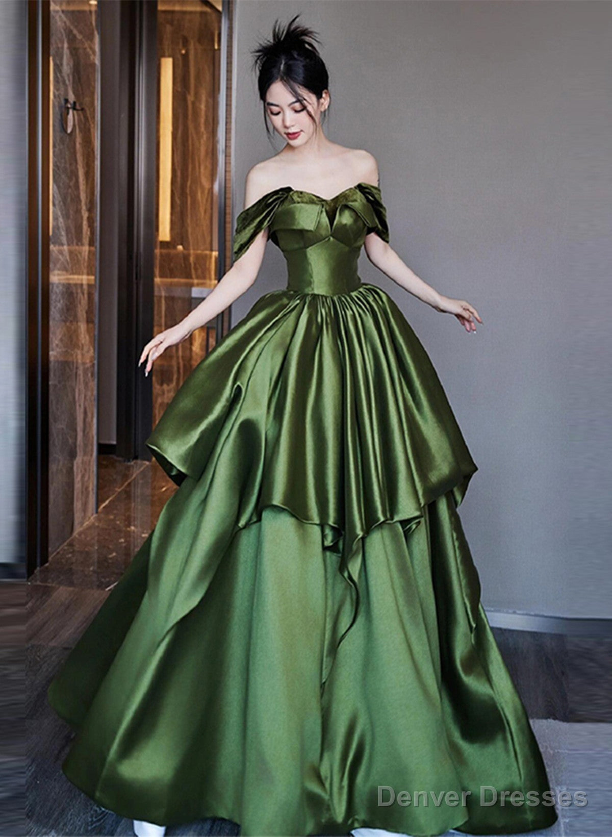 Green Satin Long Off Shoulder Princess Formal Dress, Green Satin Prom Dress Main image