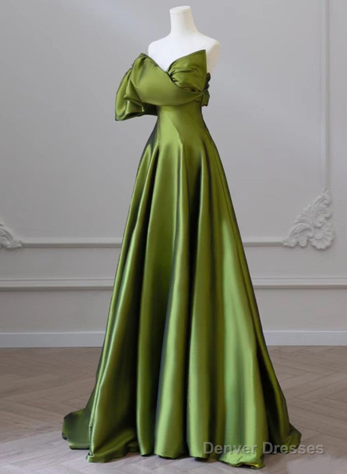 Green Satin Long One Shoulder Party Dress, Green A-Line Satin Prom Dress Secondary image