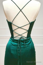 Green Satin Long Prom Dress, Simple Lace-Up Evening Party Dress