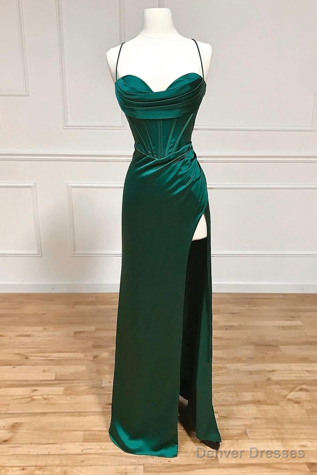 Green Satin Long Prom Dress, Simple Lace-Up Evening Party Dress Main image