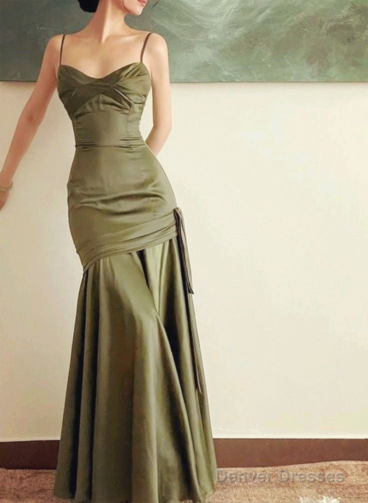 Green Satin Mermaid Long Prom Dresses Spaghetti Straps Evening Dress Main image