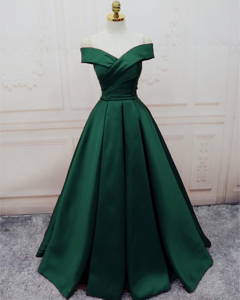 Green Satin Off Shoulder Lace-Up Formal Gown, Senior Prom Dress Secondary image