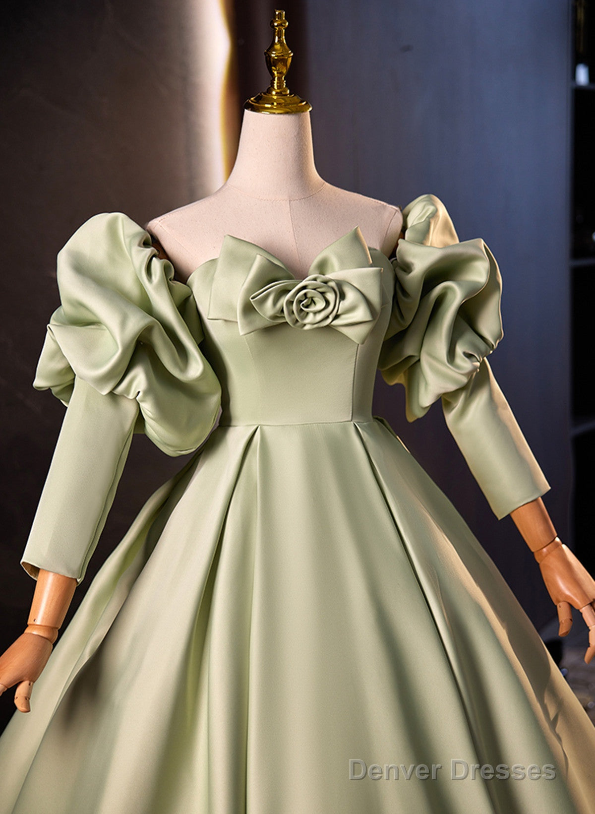 Green Satin Off Shoulder Long Formal Dress, Green Long Evening Dress Sweet 16 Dress Secondary image