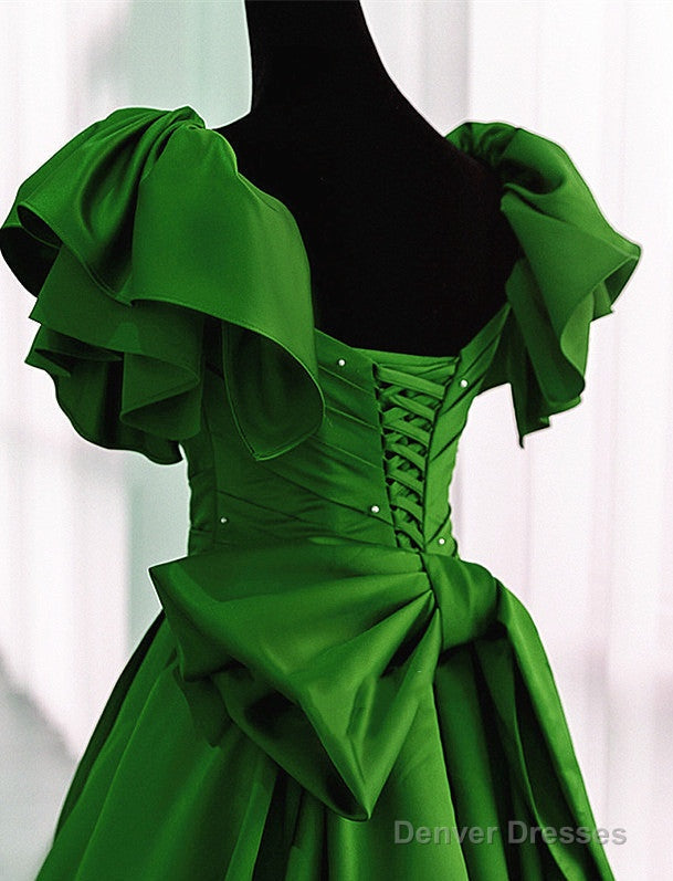 Green Satin Off Shoulder Long Party Dress, A-Line Green Prom Dress Evening Dress