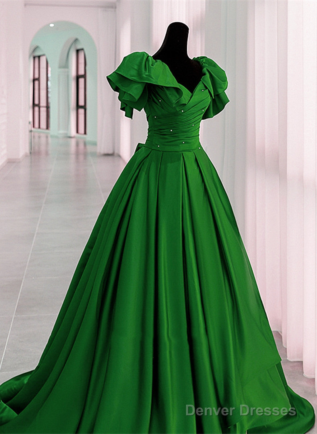 Green Satin Off Shoulder Long Party Dress, A-Line Green Prom Dress Evening Dress Main image