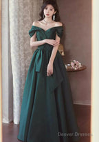 Green Satin Off Shoulder Long Party Dress, Green A-Line Chic Prom Dress