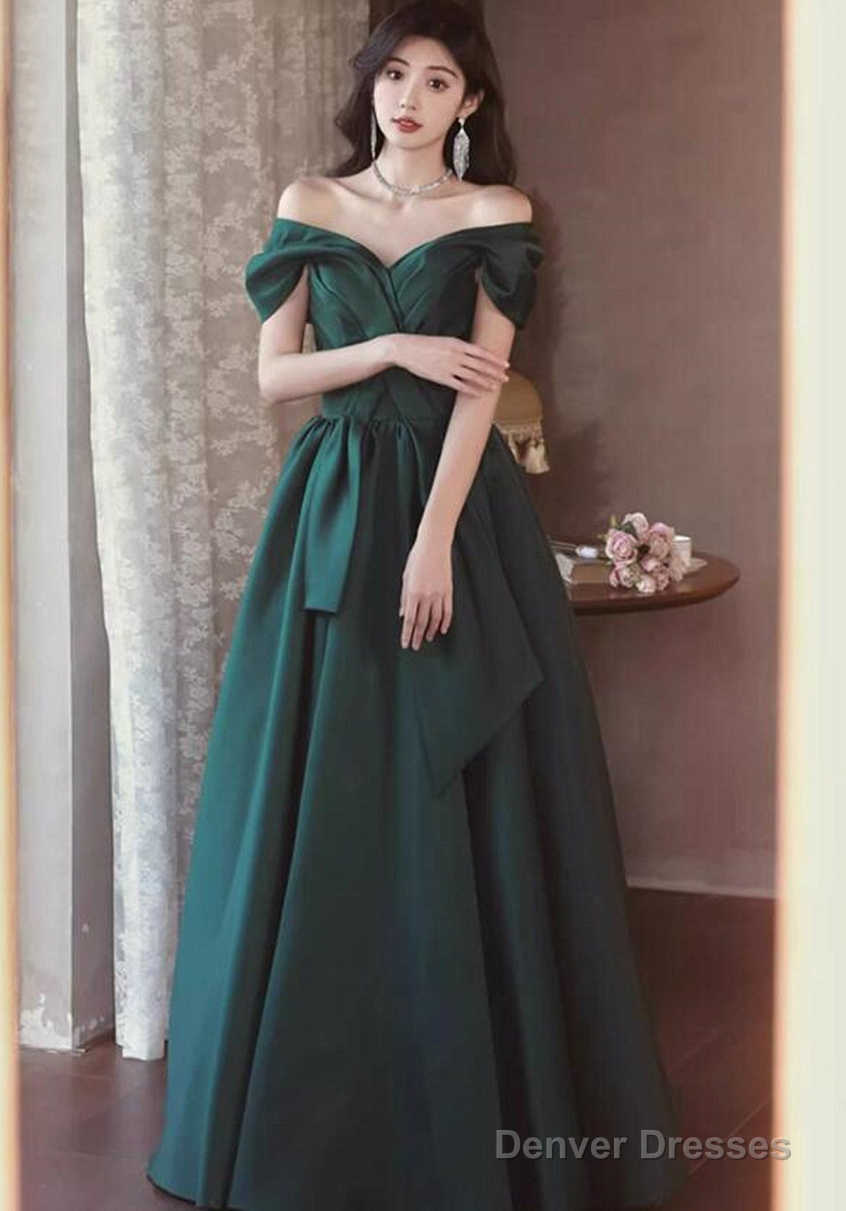 Green Satin Off Shoulder Long Party Dress, Green A-Line Chic Prom Dress