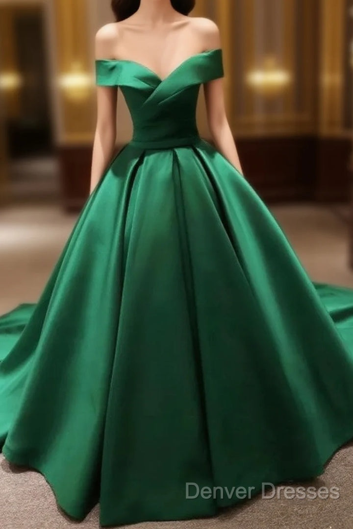 Green Satin Prom Dress Long Off The Shoulder Ball Gowns Quinceanera Dress Main image