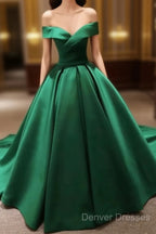 Green Satin Prom Dress Long Off The Shoulder Ball Gowns Quinceanera Dress