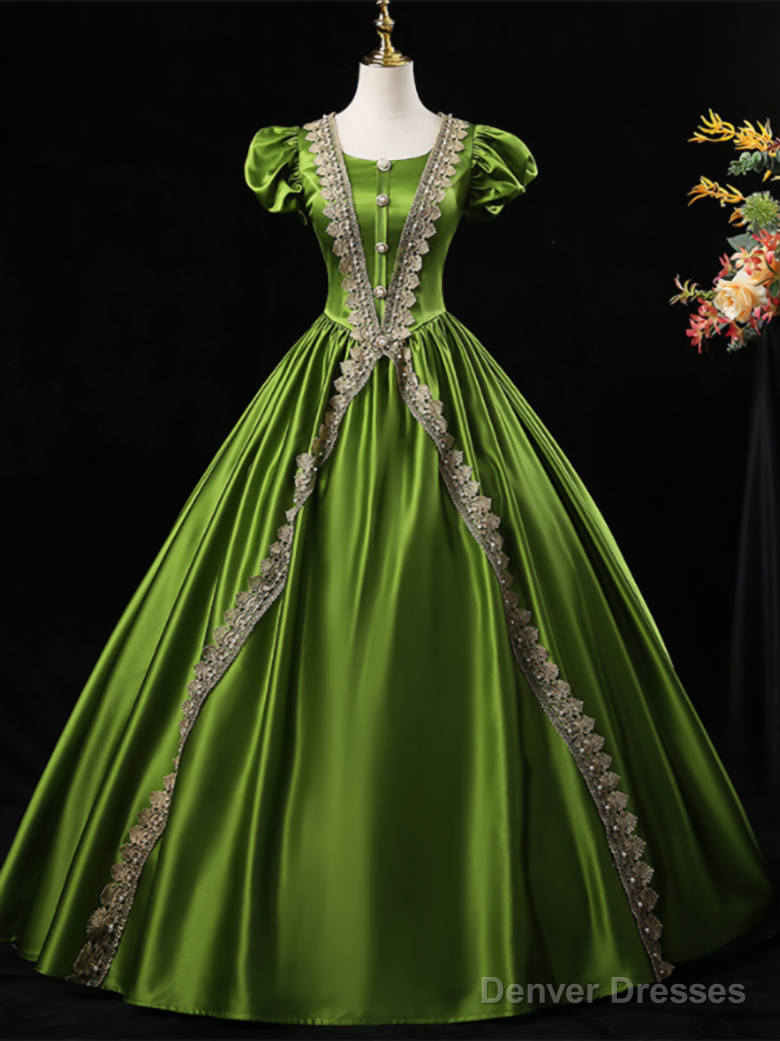 Green Satin Puff Sleeve Appliques Victorian Rococo Dress Main image