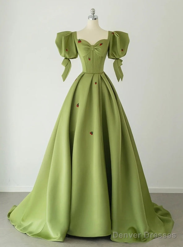 Green Satin Puff Sleeve Square Prom Dress Main image