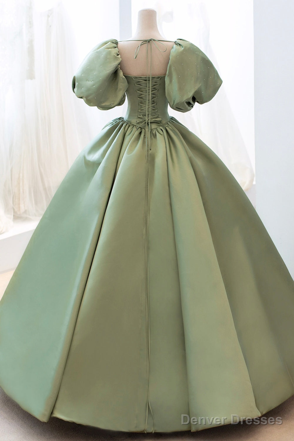 Green Satin Puff Sleeves Long Prom Dress, Green A-Line Formal Dress Secondary image