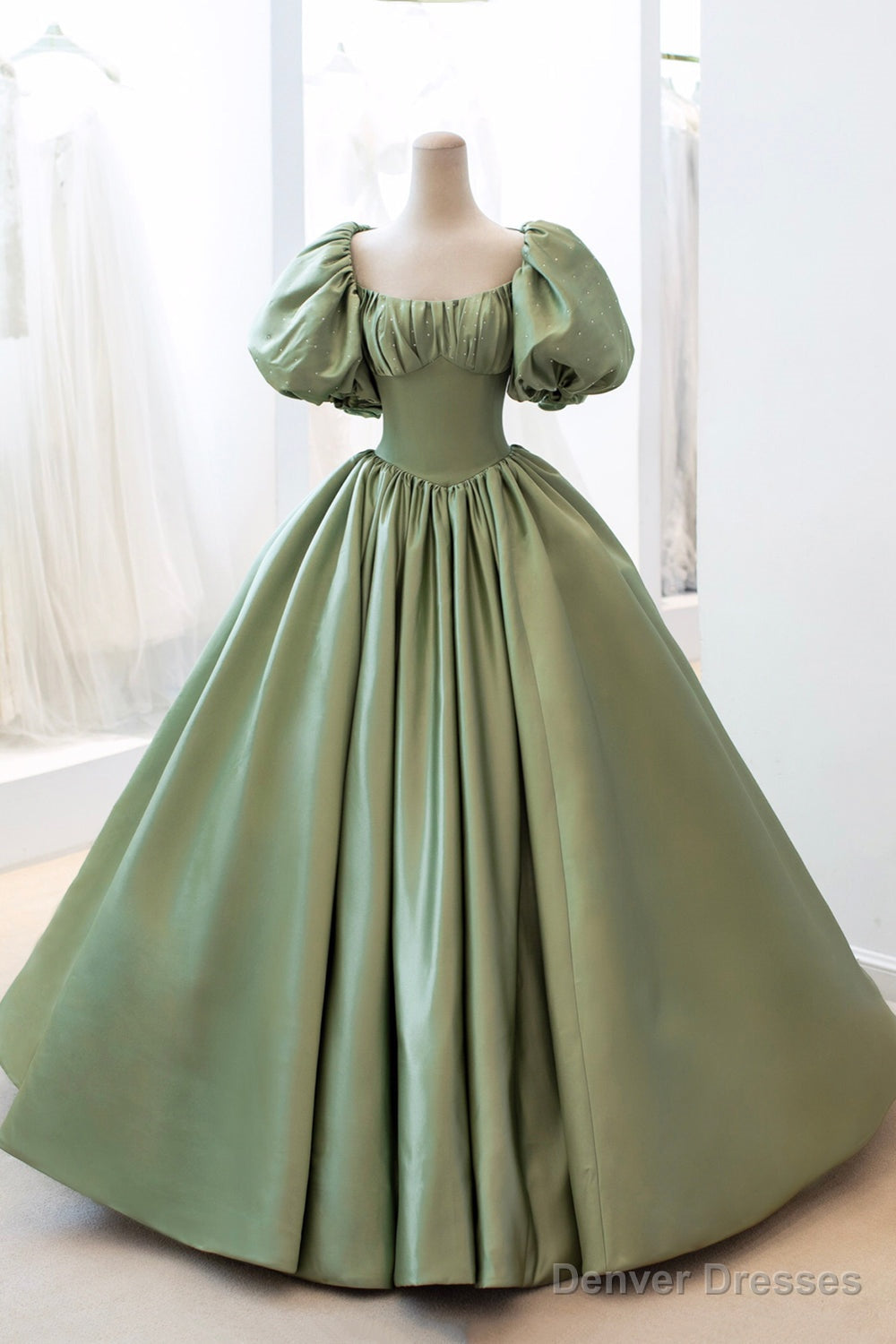 Green Satin Puff Sleeves Long Prom Dress, Green A-Line Formal Dress Main image