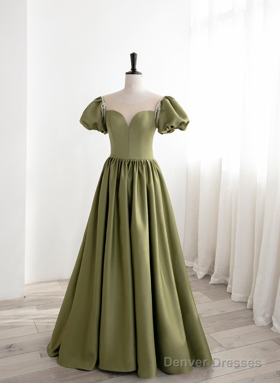 Green Satin Round Neckline A-Line Floor Length Prom Dress, Green Short Sleeves Formal Dress Main image