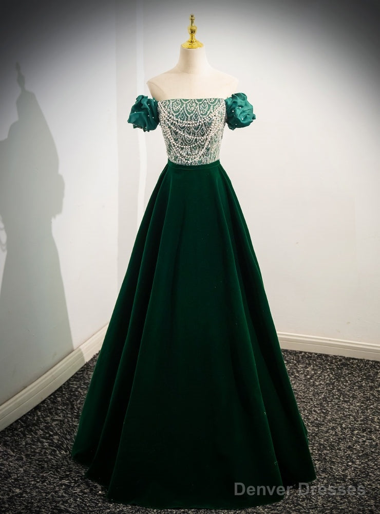 Green Satin Sequins Puff Sleeve Prom Dress