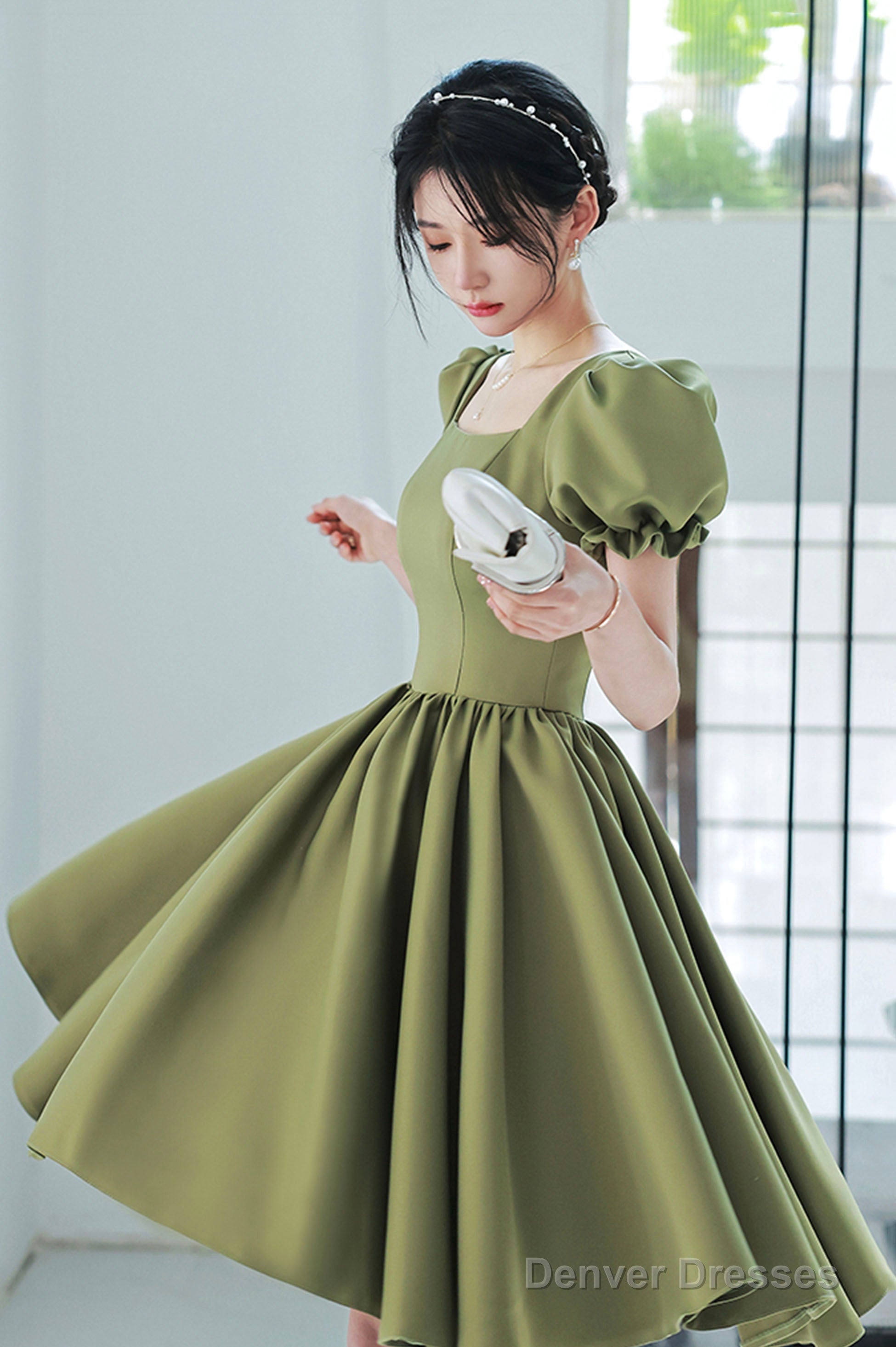 Green Satin Short A-Line Prom Dress, Cute Short Sleeve Homecoming Dress Main image