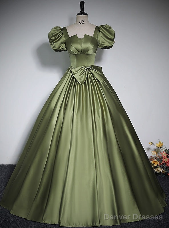 Green Satin Short Sleeve Prom Dress With Bow Main image