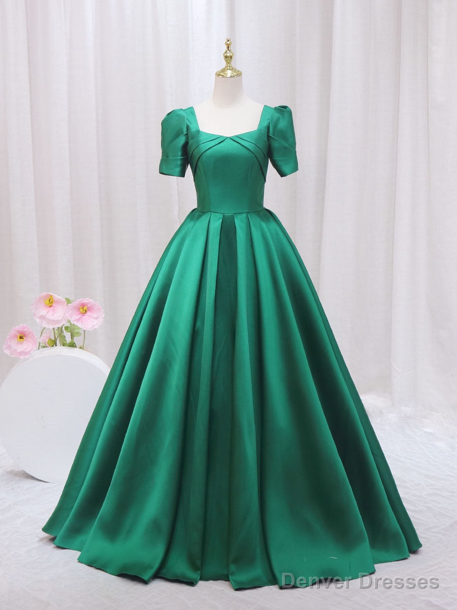 Green Satin Short Sleeve Square Neck Prom Dress Main image