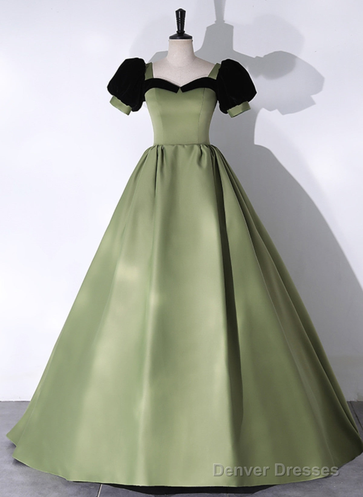 Green Satin Short Sleeves Long Evening Dress, Green Satin Prom Dress Main image