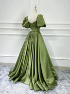 Green Satin Short Sleeves Long Evening Party Dress, Green Formal Party Dress